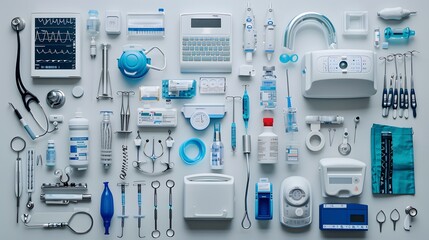 a variety of medical equipment arranged neatly on a sterile white surface, captured in full ultra HD and high resolution, creating a professional background for healthcare settings.