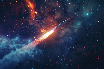 Generative ai on theme of beautiful space rocket in sky, bright meteorites glow in atmosphere - obrazy, fototapety, plakaty
