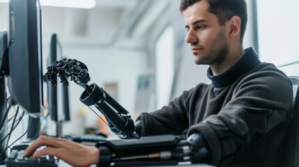 Fototapeta premium A young male engineer with a prosthetic arm, working on a computer, showing determination, against a stark white backdrop, styled as a portrait of resilience.