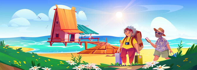 Old couple travel on summer for beach vacation with suitcase vector. Elderly retirement woman and man on ocean resort concept. Grandparents tourist with bag, sunglasses and hat on holiday illustration - obrazy, fototapety, plakaty