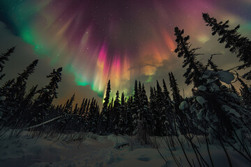 Generative ai on theme of beautiful northern lights, bright aurora borealis winter in atmosphere - obrazy, fototapety, plakaty
