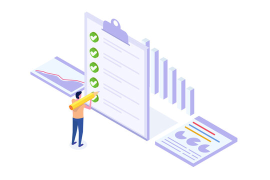 Complete project task, getting things done, business accomplishment concept. Isometric Vector illustration.
