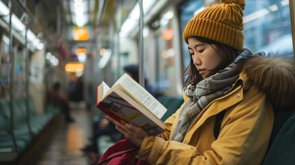 woman reading book commuter train