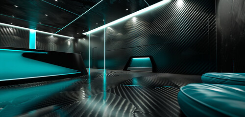 Modern studio with teal and black carbon fiber textures, highlighted by subtle lighting for a dynamic feel.
