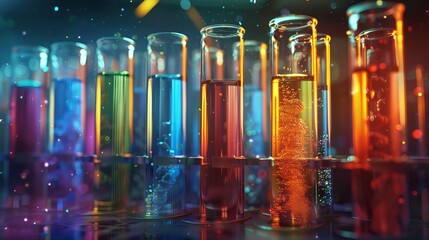Colorful Science Laboratory Test Tubes on Lab Bench, Scientific Experiment Equipment - Powered by Adobe