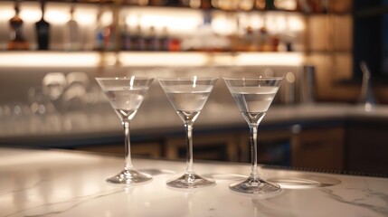 Three empty martini glasses on a bar, on a white background.