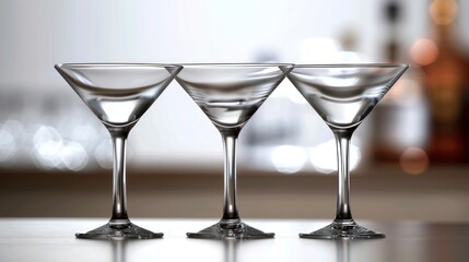 Three empty martini glasses on a bar, on a white background.