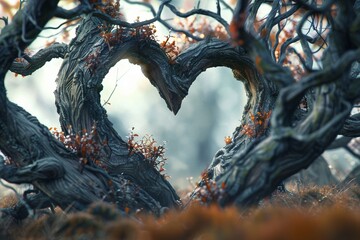 A heart-shaped tree formed by the branches of two trees growing close together - obrazy, fototapety, plakaty