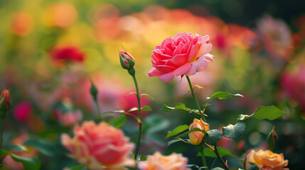 Fototapeta premium A bunch of pink flowers are in a garden. The flowers are in full bloom and are very pretty