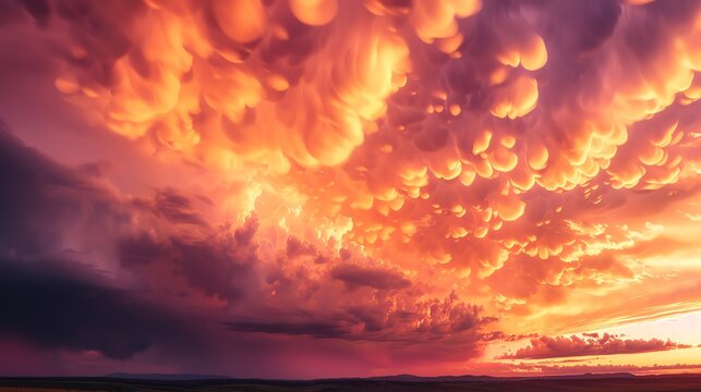 Stunning sunset view with mammatus clouds illuminated in shades of orange and pink, providing a breathtaking backdrop for landscape photographers