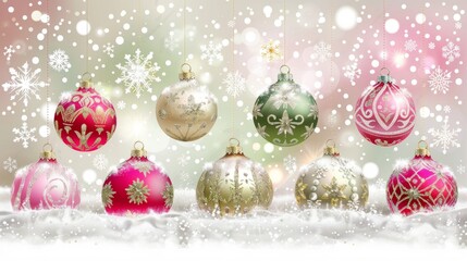 Cheerful christmas toy display on colorful background with snowflakes, ideal for festive greetings