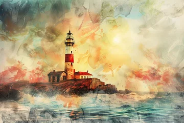 Rolgordijnen Generative ai on theme of large retro lighthouse with beam of bright light shining out to blue sea © oleg525