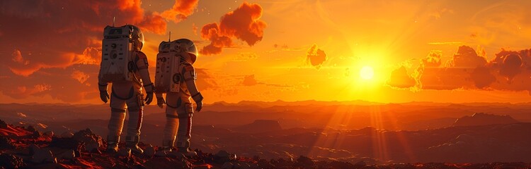 Two astronauts walking on Mars, watching sunset on red planet