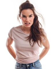 Fototapeta premium A brunette woman hands on hips looking angry, frustrated