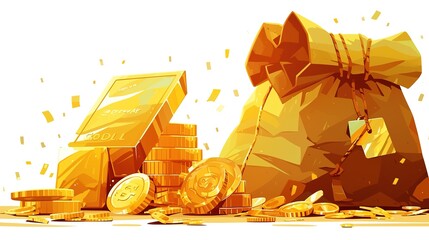a lot of gold coins are stacked on top of each other in a treasure sack and a gold bar is placed next to it all on a white background  - obrazy, fototapety, plakaty