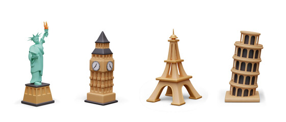 Statue of Liberty, Elizabeth Tower, Eiffel Tower, Leaning Tower of Pisa