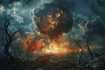 Fototapeta na wymiar Generative ai on theme of scary nuclear explosion in outdoor, mushroom cloud of nuclear weapons