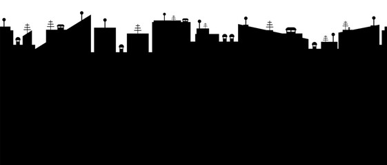 Horizontal seamless border with city panorama in black. Skyscraper silhouettes in the city center with antennas, beacons. Template isolated on white background. Background narrow pattern for design.