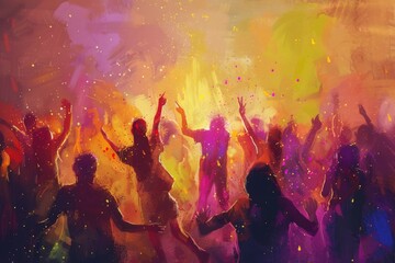 Joyful Holi celebration with people dancing, singing, and throwing colorful powders