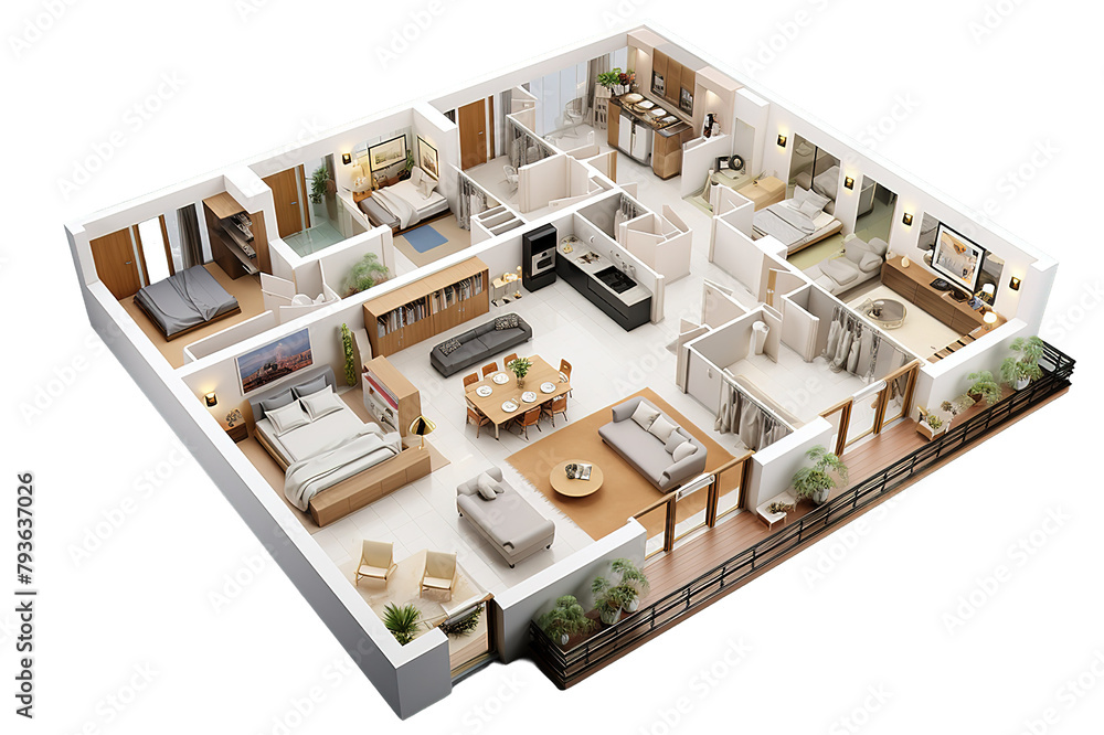 Wall mural floor plan top view. apartment interior 3d render isolated on a transparent background. generative a