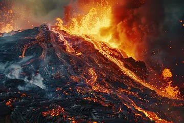Fotobehang Generative ai on theme of erupting volcano with cascading hot lava surrounded thick white smoke © oleg525