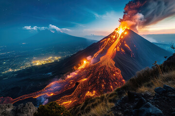 Fototapeta premium Generative ai on theme of erupting volcano with cascading hot lava surrounded thick white smoke