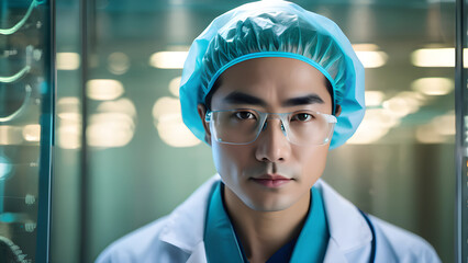 A male nurse wearing protective clothing, hat, and mask, in the hospital background, surgery, and medical health