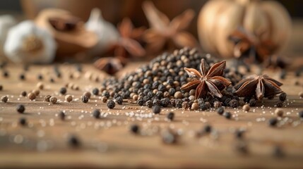 Pepper and star anise grains combined on a wooden countertop