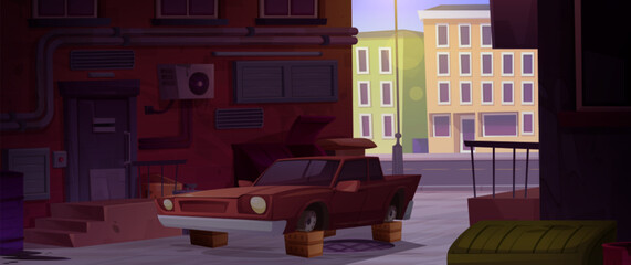 Old abandoned broken car without wheels standing in alley of ghetto neighborhood. Cartoon vector illustration of city poor street area. crime town slum alleyway with buildings and damaged transport.