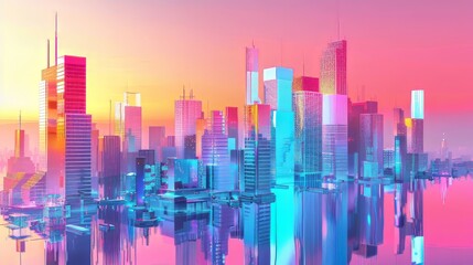 Modern metropolises depicted in stunning neon colors, contrasting beautifully with the simplicity of white