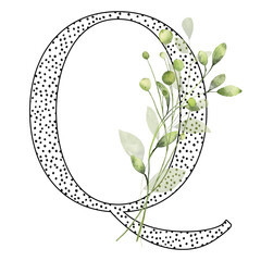 Letter Q, floral monogram with watercolor leaf. Letterhead, initial perfectly for wedding invitation, greeting card, logo, poster and other design. Holiday design hand painting.