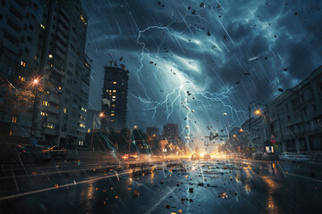 Generative ai on theme of scary bright electric lightning bolt with branches in the night dark sky