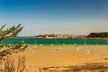 The fortified town of Saint-Malo and its port seen from the town of Dinard.