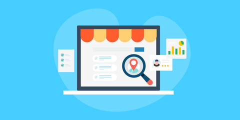 Inspecting business profile on search engine, keyword ranking, customer review and performance data analytics local SEO audit concept, vector illustration.