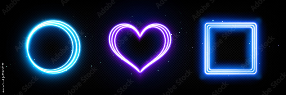 Poster neon glow frames in form of circle, heart and square on dark background. realistic 3d vector illustr