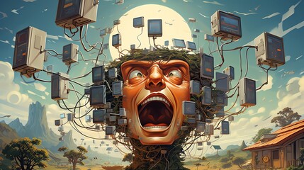 Surreal digital art depicting a giant head entangled in a chaotic mesh of old computer monitors against a pastoral backdrop. - obrazy, fototapety, plakaty