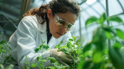 Agricultural scientist in a greenhouse, hopeful, inspecting crop growth, styled as a bright, clean-background.