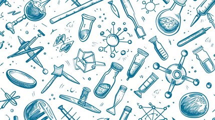 Abstract Scientific Vector Pattern: Hand-Drawn Sketch Elements of Physics, Medicine, and Chemistry Lab Tools and Equipment