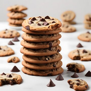 A stack of chocolate chip cookies with a white background.