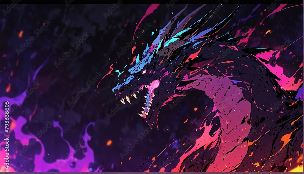 Wall mural abstract dragon purple flame burning sparks effects art anime cartoon style background from Generative AI