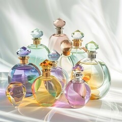 Collection of transparent multi color glass perfume bottles on a light background. Art composition still life. Stylish parfumerie banner