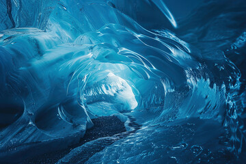 Generative ai on theme of entrance to blue ice cave covered with white snow inside a huge glacier - obrazy, fototapety, plakaty