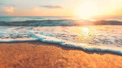 Obraz premium Closeup sea sand beach. Panoramic beach landscape. Inspire tropical beach seascape horizon. Orange and golden sunset sky calmness tranquil relaxing sunlight summer mood. Vacation travel holiday banner