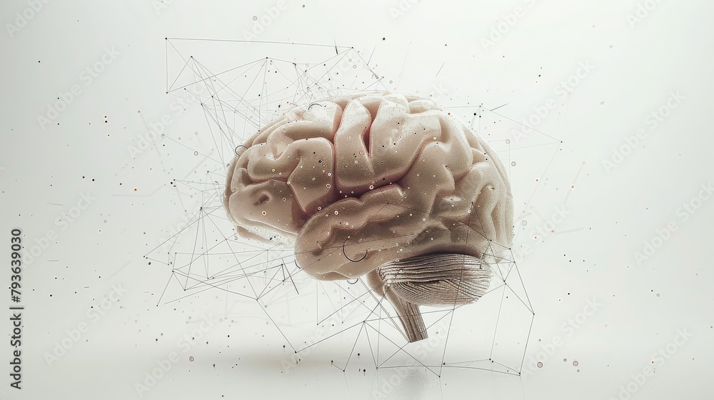 Poster ai brain interface - a human brain connected to ai interfaces, set against a white, minimal backdrop