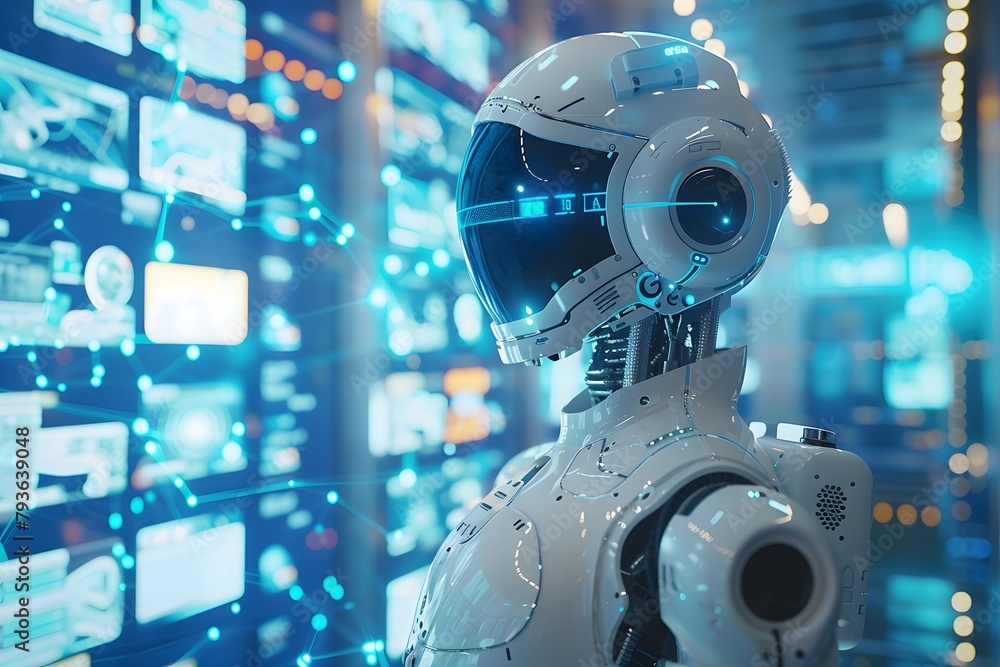 Poster cyborg portrait with digital data background - ai and cybernetics concept