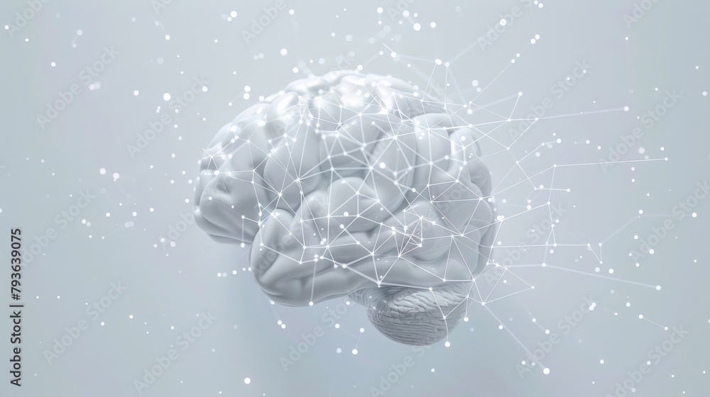 Poster ai brain interface - a human brain connected to ai interfaces, set against a white, minimal backdrop