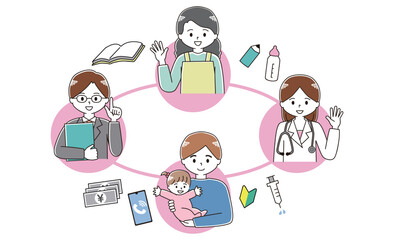 子育て初心者の父親と子育て支援のイメージイラスト