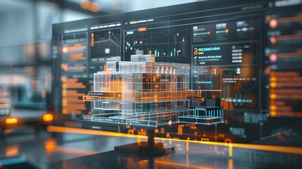 A digital interface mockup displays real-time project costs on the screen, including a 3D building model that indicates whether there are cost overruns or savings.