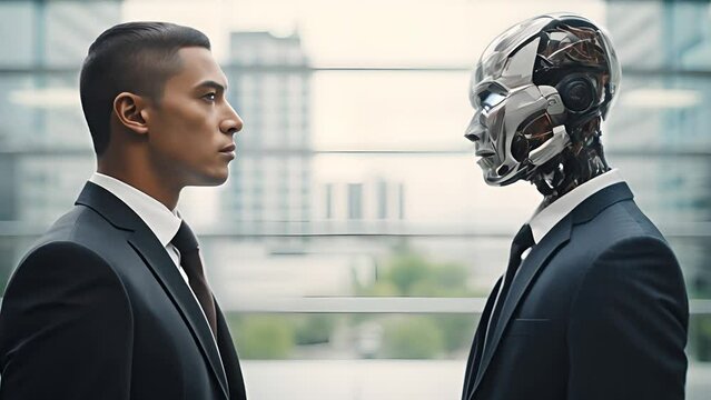 Close up contemplative asian man stands face-to-face with a lifelike robot against the backdrop of a modern urban setting	