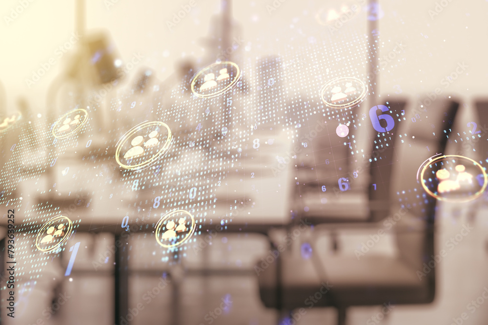 Poster double exposure of social network icons interface and world map on a modern furnished office interio